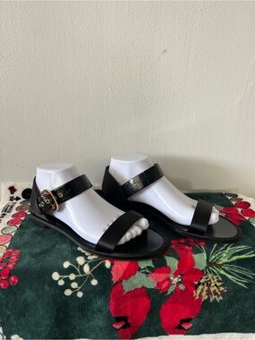 Giorgio Armani Black Leather Ankle-Strap Flat Sandals